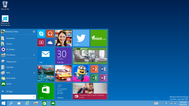 Windows 10 và trình đơn Start kết hợp giao diện Live Tiles - Ảnh: Microsoft