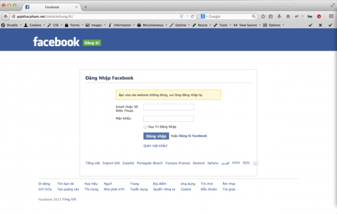 Trang đăng nhập giả mạo y hệt giao diện Facebook.com nhằm đánh cắp tài khoản Facebook của nạn nhân - Ảnh: SecurityDaily