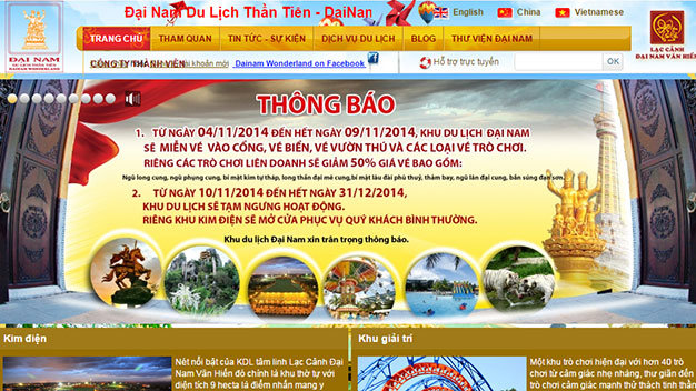 Thông báo tạm ngưng hoạt động khu du lịch Đại Nam trên trang web laccanhdainamvanhien.com.vn - Ảnh chụp màn hình lúc 21g45 ngày 4-11