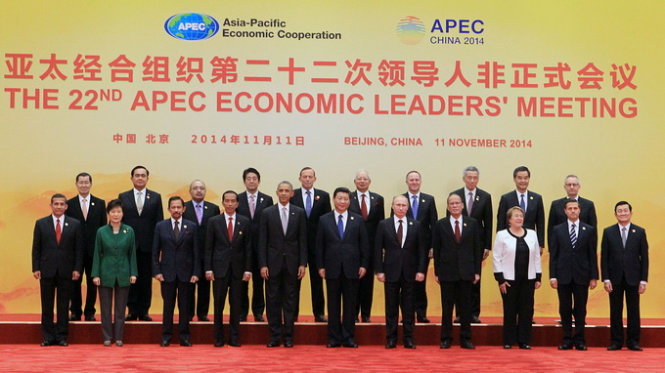 Lãnh đạo các nền kinh tế APEC chụp hình chung ngày 11-11 tại Bắc Kinh (Ảnh: N.K)