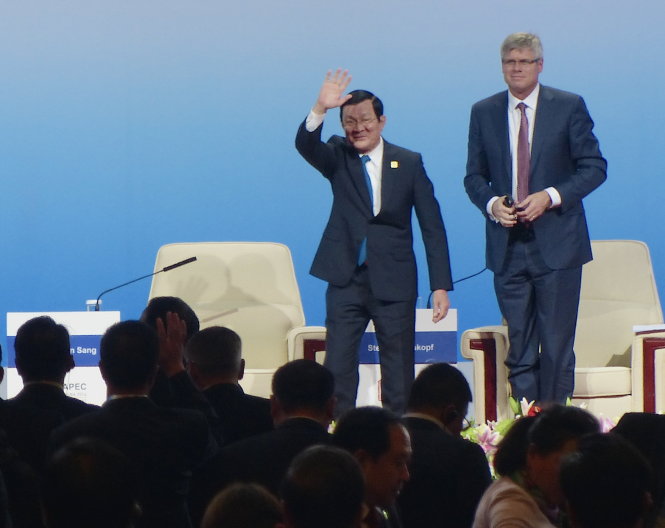 Chủ tịch nước Trương Tấn Sang là khách mời đặc biệt tại phiên thảo luận của Hội nghị Thượng đỉnh doanh nghiệp APEC - Ảnh:V.V.Thành