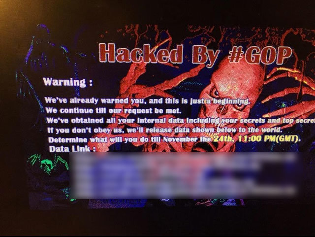 Ảnh nền nhóm hacker GOP để lại trên máy tính nhân viên Sony Pictures với lời đe dọa và danh sách tập tin bị đánh cắp (đã xóa mờ) - Ảnh: TheNextWeb