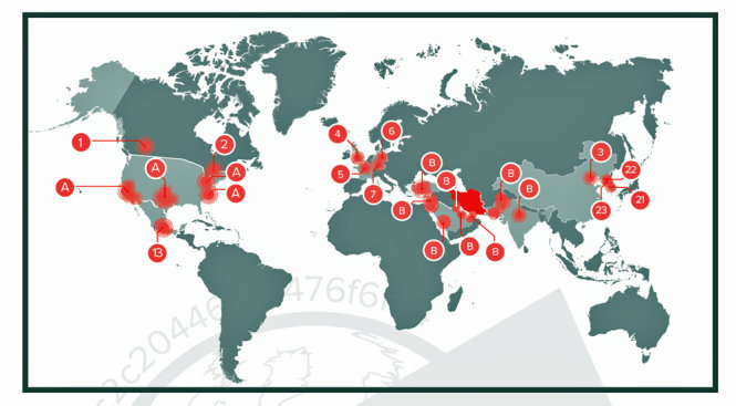 Bản đồ vị trí các mục tiêu trong chiến dịch Operation Cleaver của nhóm hacker Iran - Nguồn: Cylance / ArsTechnica