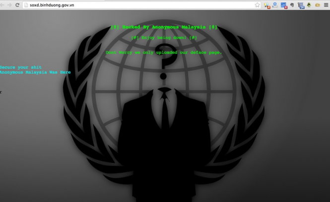 Giao diện website của Sở Xây Dựng tỉnh Bình Dương bị nhóm hacker Anonymous Malaysia thay đổi (deface) - Ảnh: SecurityDaily.net