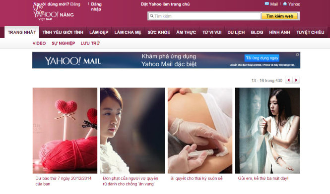 Yahoo! Nàng, một trong những kênh nội dung dành cho phụ nữ được đội ngũ Yahoo! Việt Nam tổ chức sẽ ngừng hoạt động trong tháng 12-2014 - Ảnh chụp giao diện màn hình