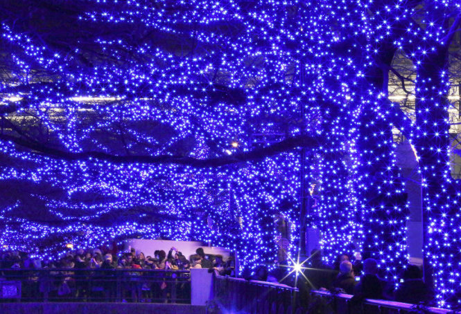 Tại thủ đô Tokyo, Nhật, người dân thỏa thích ngắm nhìn hệ thống đèn chiếu sáng đêm Giáng sinh trên sông Meguro - Ảnh: AAP/Koji Sasahara