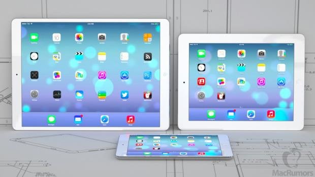 Ảnh đồ họa ý tưởng về phiên bản iPad Pro (trái) kích cỡ lớn, bên cạnh iPad Air 2 và iPad mini 3 - Ảnh: MacRumors