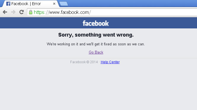 Thông báo trang bị lỗi và chờ khắc phục khi truy cập Facebook.com trưa ngày 27-1 - Ảnh: RT.com
