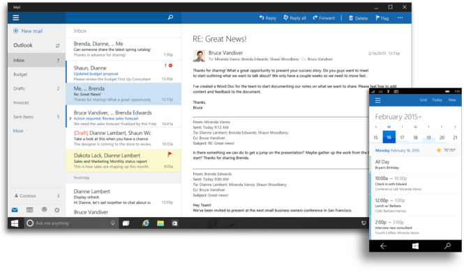 Phiên bản Outlook 2016 hỗ trợ tốt hơn cho cảm ứng chạm, tích hợp sẵn Word giúp xem nhanh tập tin văn bản đính kèm trong email. Người dùng có thể chèn, lập bảng, hay bổ sung hình ảnh, sử dụng màu sắc khi soạn nội dung email. Việc quản lý email như đọc, sắp xếp, đánh dấu (flag) và sao lưu thuận tiện hơn - Ảnh: Office blog