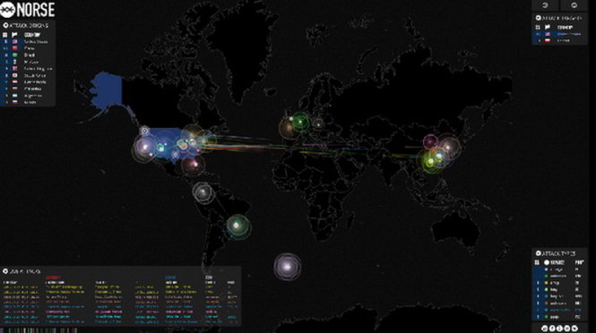 Bản đồ cho thấy luồng tấn công mạng dồn dập trong thời gian thực - Ảnh: Tài khoản Twitter RT.com