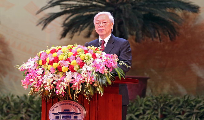 Tổng bí thư Nguyễn Phú Trọng phát biểu tại Lễ kỷ niệm 85 năm thành lập Đảng Cộng sản Việt Nam ngày 3-2-1930 - 3-2-2015 - Ảnh: Việt Dũng