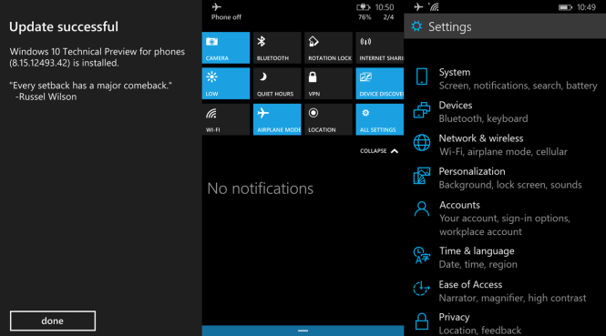 Hình ảnh chụp ba giao diện Windows 10 for Phones (phiên bản Windows 10 cho điện thoại) 