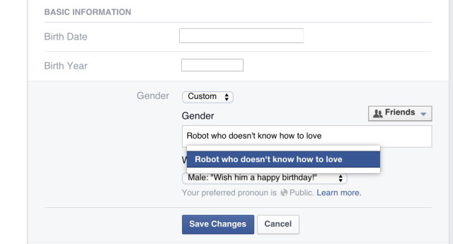 Tùy ý gõ thông tin giới tính cho tài khoản Facebook của mình - Ảnh: Facebook Diversity