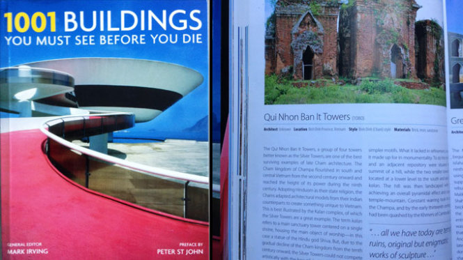 Bìa cuốn sách 1.001 công trình kiến trúc phải đến trong cuộc đời  và phần giới thiệu về tháp Bánh Ít - Ảnh: Lê Viết Thọ