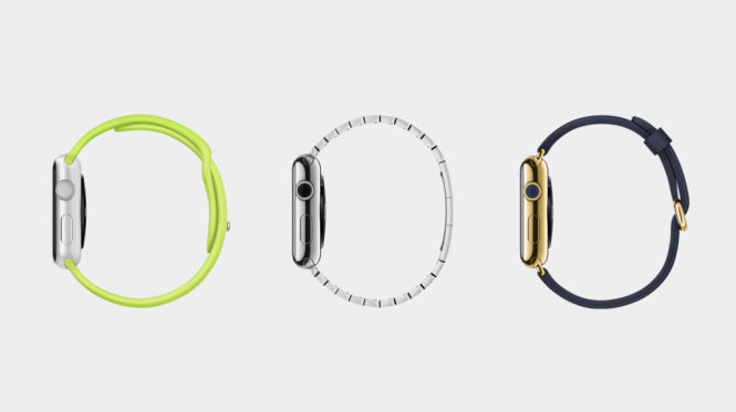 Ba phiên bản của thế hệ Apple Watch đầu tiên: Apple Watch Sport (dây nhựa), Apple Watch (dây thép không gỉ), và Apple Watch Edition (vàng 18K) - Ảnh: Apple