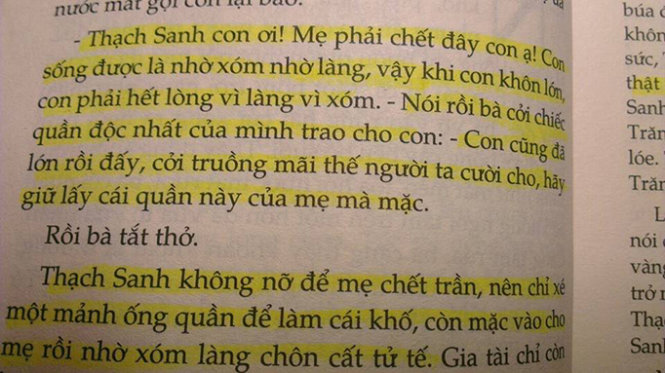 Trang sách viết về việc mẹ Thạch Sanh nhường quần cho con trước khi chết - Ảnh: Độc giả cung cấp