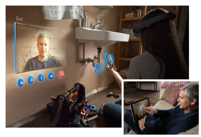 Đeo thiết bị HoloLens vào để gọi thoại video Skype trực tiếp với thợ sửa ống nước đang ngồi ở nhà hướng dẫn từ xa - Ảnh: Microsoft