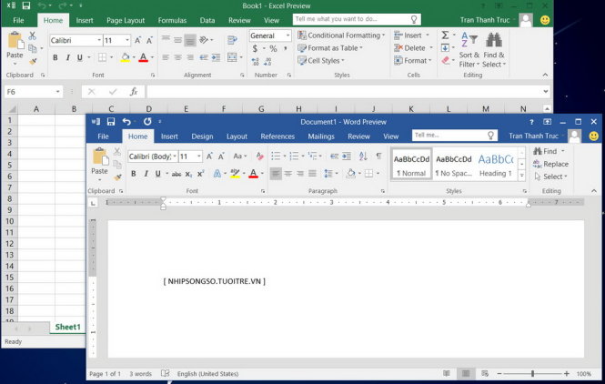 Excel 2016 và Word 2016 trong bộ Office 2016 Preview