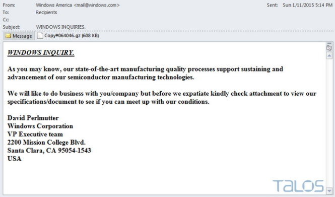 Một email lừa đảo giả mạo kèm tập tin mã độc nhằm phát tán Romertik - Ảnh: Cisco TALOS