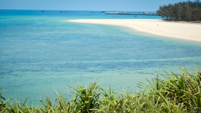 Vịnh Triều Dương là bãi biển đẹp nhất ở đảo Phú Quý, với dải cát trắng mịn, biển xanh, hàng dương bạt ngàn, rất thích hợp để tổ chức dã ngoại - Ảnh: Tiến Thành
