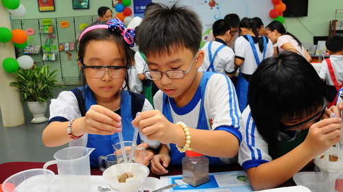 Học sinh Trường tiểu học Nguyễn Bỉnh Khiêm làm thí nghiệm biến nước bẩn thành nước sạch - Ảnh: T.T.D