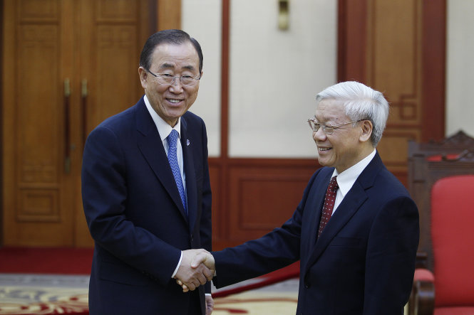Tổng thư ký Liên hợp quốc Ban Ki Moon gặp gỡ Tổng bí thư Nguyễn Phú Trọng và cuối buổi chiều - Ảnh: Nguyễn Khánh
