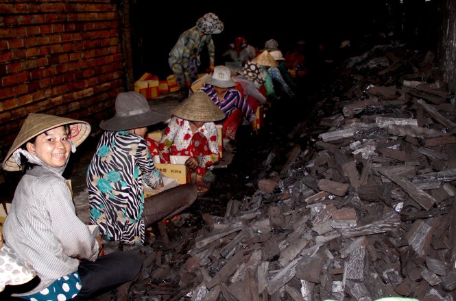 Trong một cơ sở đóng gói than xuất khẩu ở xã Tân Thành - Ảnh: Tấn Đức