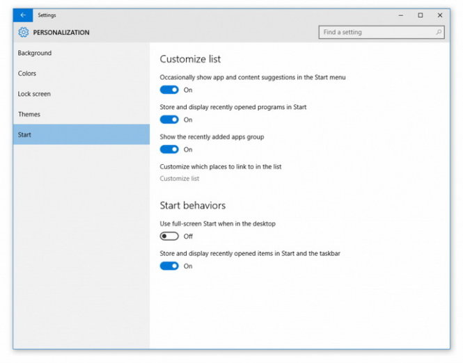 Thiết lập cho trình đơn (menu) Start trong Windows 10 build 10130 - Ảnh: Microsoft