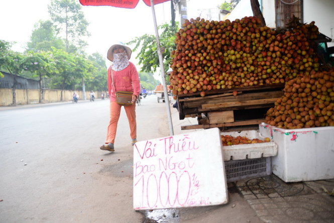 Vải thiều chất đống bán trên đường Nguyễn Thái Sơn, Q.Gò Vấp, TP.HCM với giá 10.000đ/ nửa kg. Ảnh: Hữu Khoa