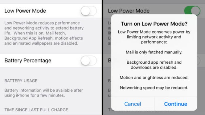 Chế độ tiết kiệm pin mới trong iOS 9 - Ảnh: Apple