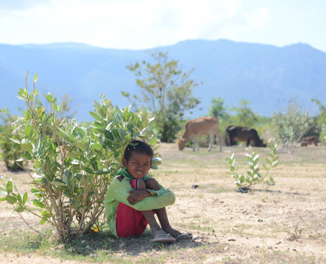 Em Loang, 6 tuổi, tựa lưng vào bóng cây tránh nắng ở huyện Bác Ái, Ninh Thuận -Ảnh: Duyên Phan