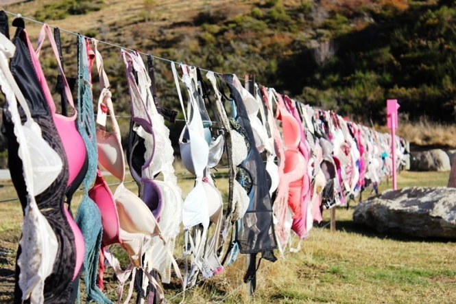 Hàng ngàn chiếc áo lót phụ nữ được mắc lên hàng rào - Ảnh: Hữu Công