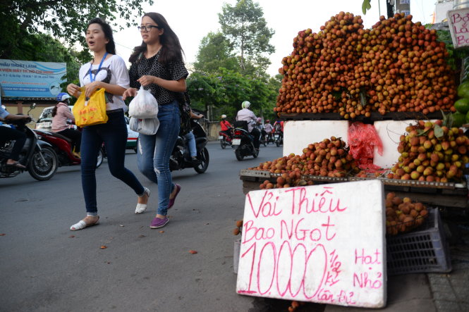 Vải thiều bán tràn lan trên đường phố Sài Gòn - Ảnh: Hữu Khoa