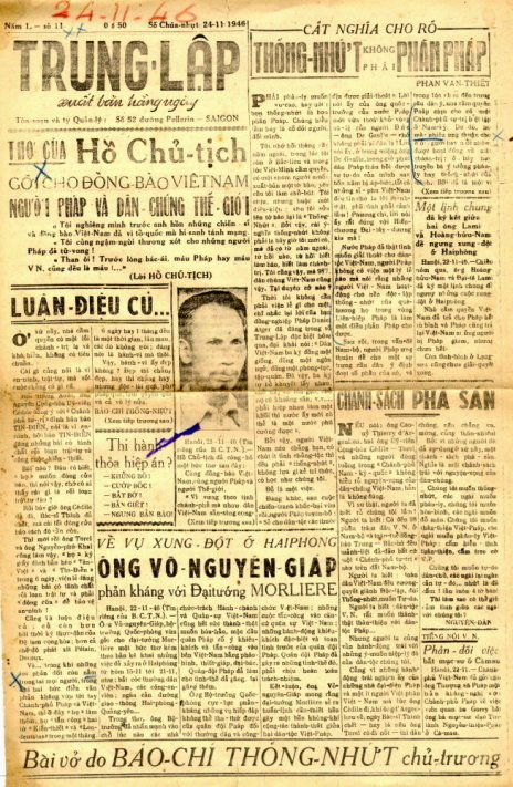 Báo Trung Lập đăng thư và ảnh Chủ tịch Hồ Chí Minh ngay trang nhất Ảnh: tư liệu