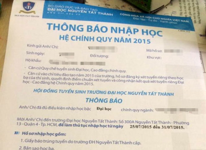 Giấy thông báo nhập học của Trường ĐH Nguyễn Tất Thành cấp cho thí sinh - Ảnh: T.H.