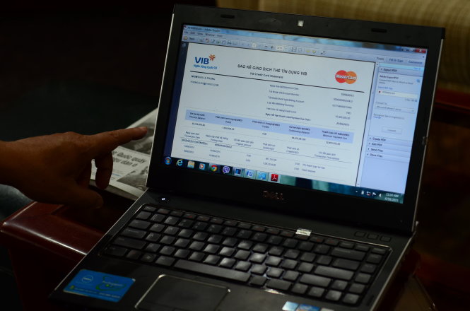 Thư điện tử sao kê giao dịch thẻ tín dụng VIB gửi đến khách hàng Hồ Lê Phong - Ảnh: Thanh Tùng