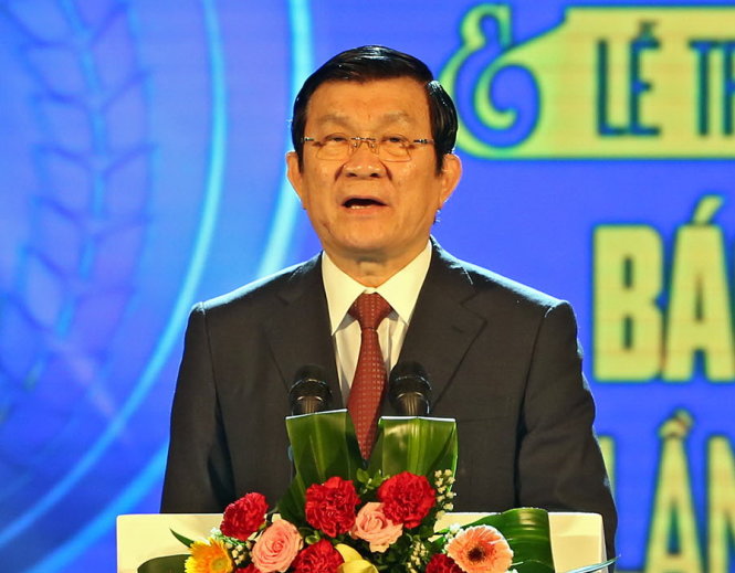 Chủ tịch nước Trương Tấn Sang phát biểu tại lễ kỷ niệm 90 năm Báo chí cách mạng và trao giải Báo chí Quốc gia lần thứ 9. ẢNh: Việt Dũng