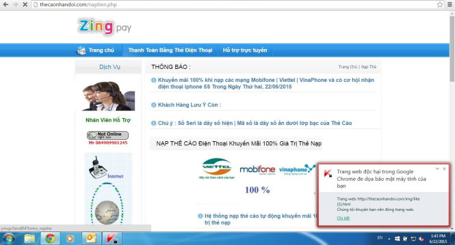 Trang web cũng sao chép logo của dịch vụ thanh toán trung gian Zing Pay gia tăng độ chứng thực để đánh lừa nạn nhân. Chúng cũng thêm một số đoạn nhận xét của khách hàng là trang web rất uy tín, nhiều người đã nộp thẻ thành công.