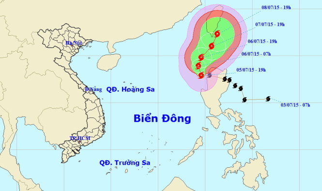Vị trí và hướng di chuyển của bão LINFA vào lúc 19g ngày 5-7 - Nguồn: Trung tâm Khí tượng Thủy văn Trung ương