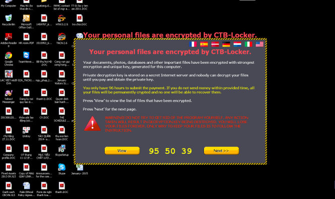 Thông báo đòi tiền chuộc của loại ransomware CTB-Locker - Nguồn: Trend Micro