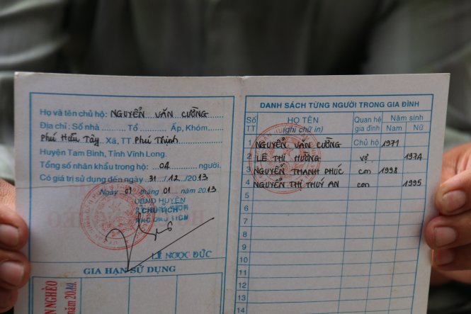 Hộ ông Nguyễn Văn Cường (44 tuổi), thôn Phú Hữu Tây, xã Phú Thịnh phải chấp nhận đổi họ thành Nguyển (dấu hỏi) Ảnh: TIẾN LONG