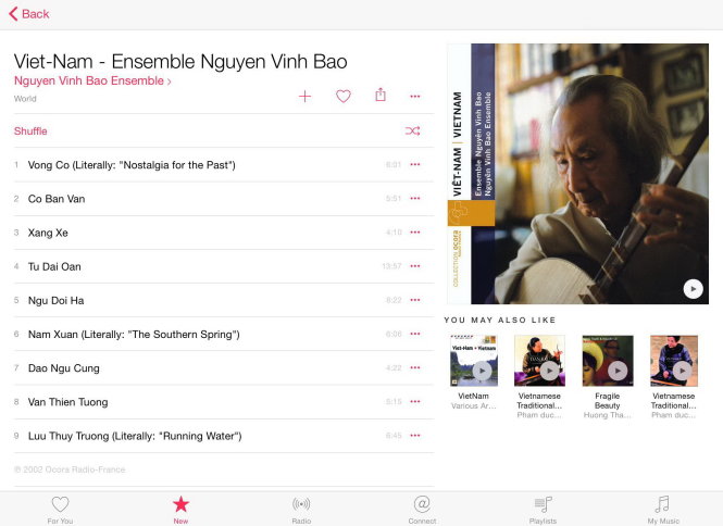 Album nhạc đờn ca tài tử của nhạc sư Vĩnh Bảo cũng có mặt trên hệ thống của Apple music