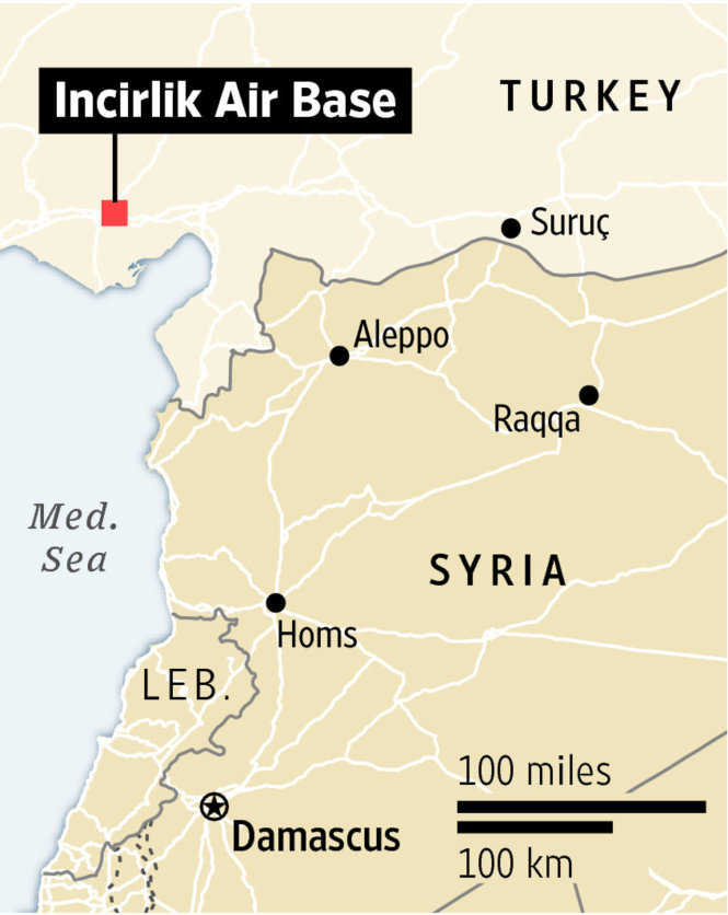 Căn cứ Không quân Incirlik cách biên giới Syria khoảng 96,5 km Ảnh: WSJ