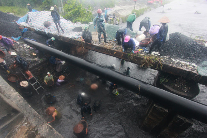 Hàng trăm người dân tại Cẩm Phả đổ xô đi vớt than trôi, bất chấp trời mưa to và dòng nước chảy xiết - Ảnh: Tiến Thắng