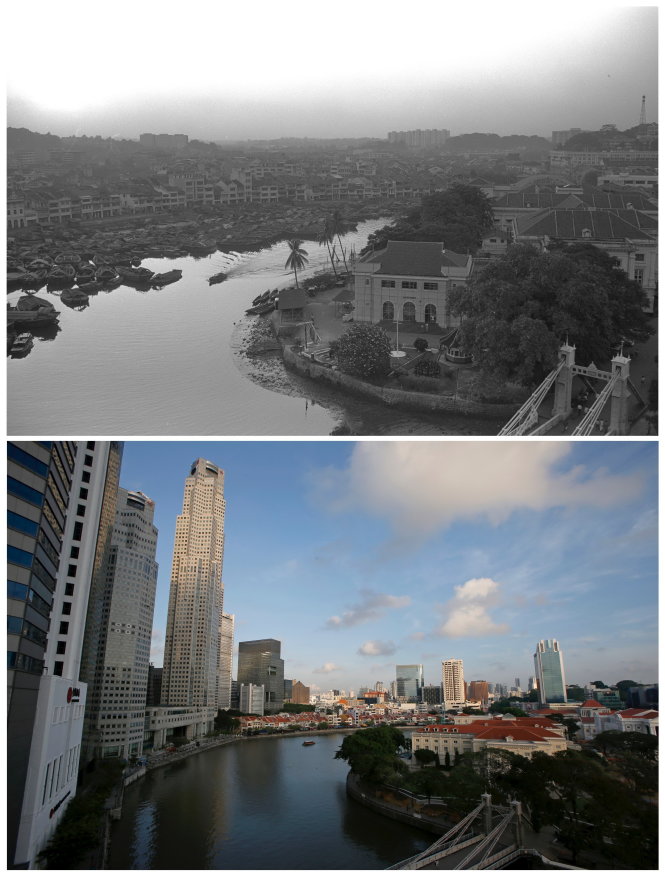 Hai tấm ảnh, chụp từ cùng vị trí nhưng cách nhau 50 năm, cho thấy sự phát triển thần tốc của Singapore Ảnh: Reuters