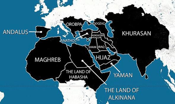 Tấm bản đồ mà IS công bố cho thấy những khu vực mà chúng dự định chiếm đóng trong 5 năm tới - Ảnh: Express.co.uk