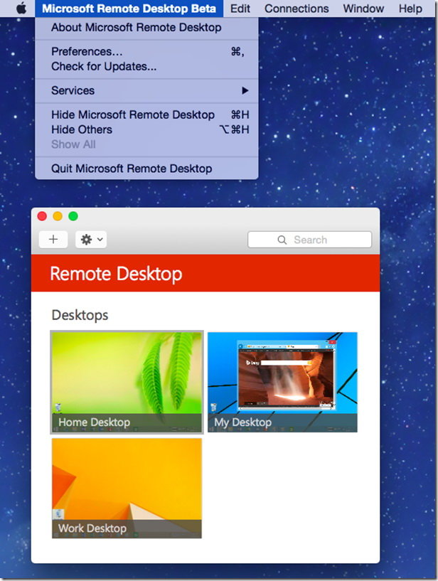 Giao diện bản thử nghiệm của Microsoft Remote Desktop cho Mac - Ảnh: MSDN