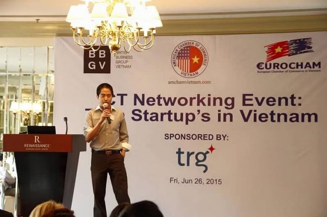 Eddie Thai trong một sự kiện kết nối Phòng thương mại Mỹ tại VN, Eurocham, và Nhóm các doanh nghiệp Anh quốc tại Việt Nam với khởi nghiệp - Ảnh: Facebook của Eddie Thai