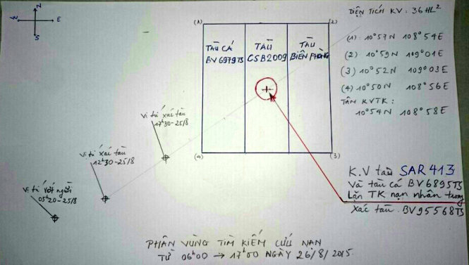 Phương án tìm kiếm 7 ngư dân mất tích trong ngày 26-8 - Ảnh: Vietnam MRCC