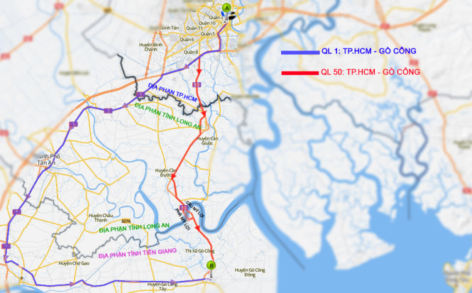 Sơ đồ minh họa tuyến đường TP. Hồ Chí Minh - Gò Công theo 2 hướng: quốc lộ 1A và quốc lộ 50